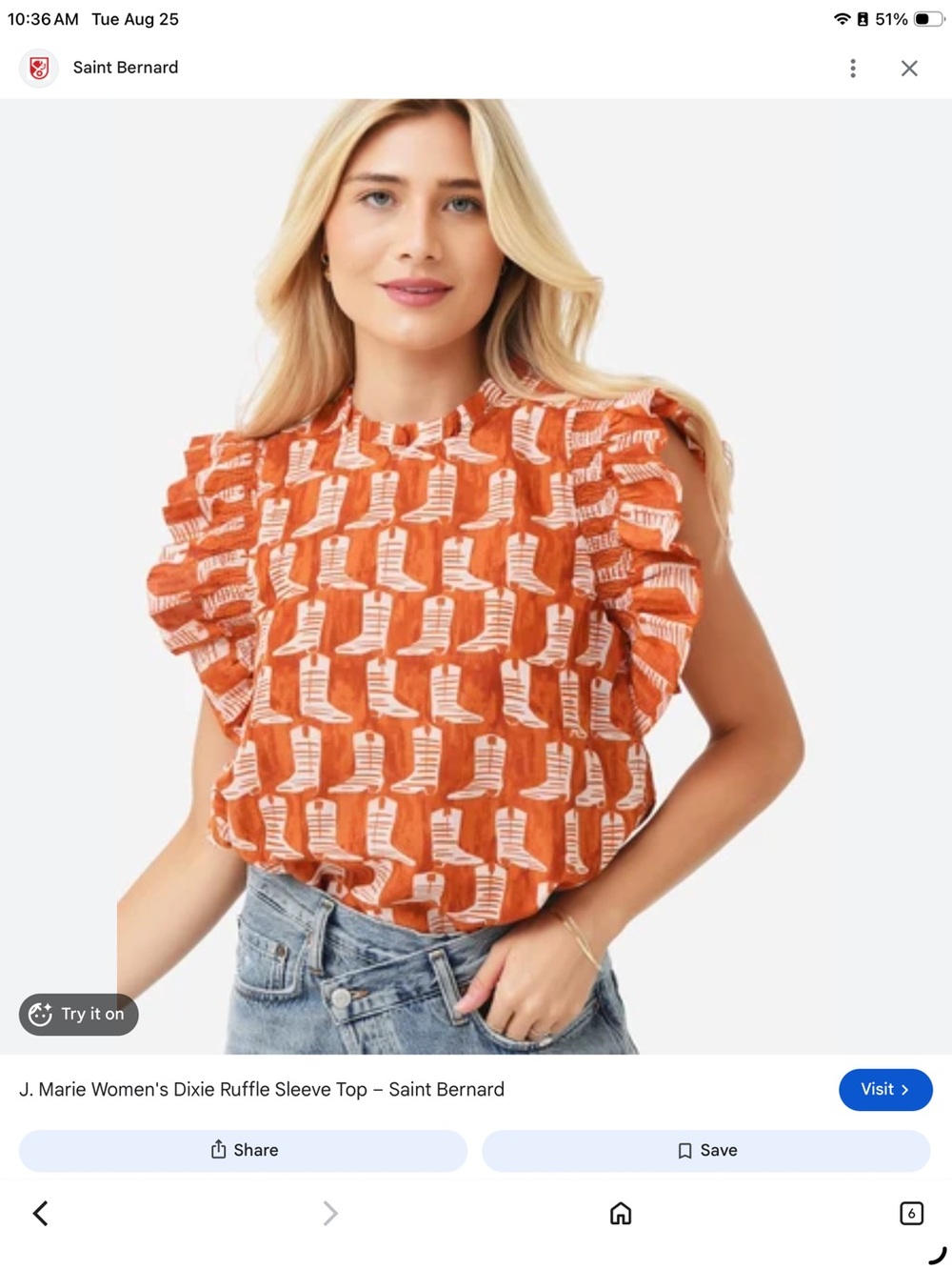 J. Marie Women's Dixie Ruffle Sleeve Top - SZ M